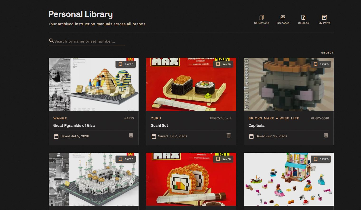 The BrikSnap Library showing saved building sets from multiple brands, each with its instructions attached