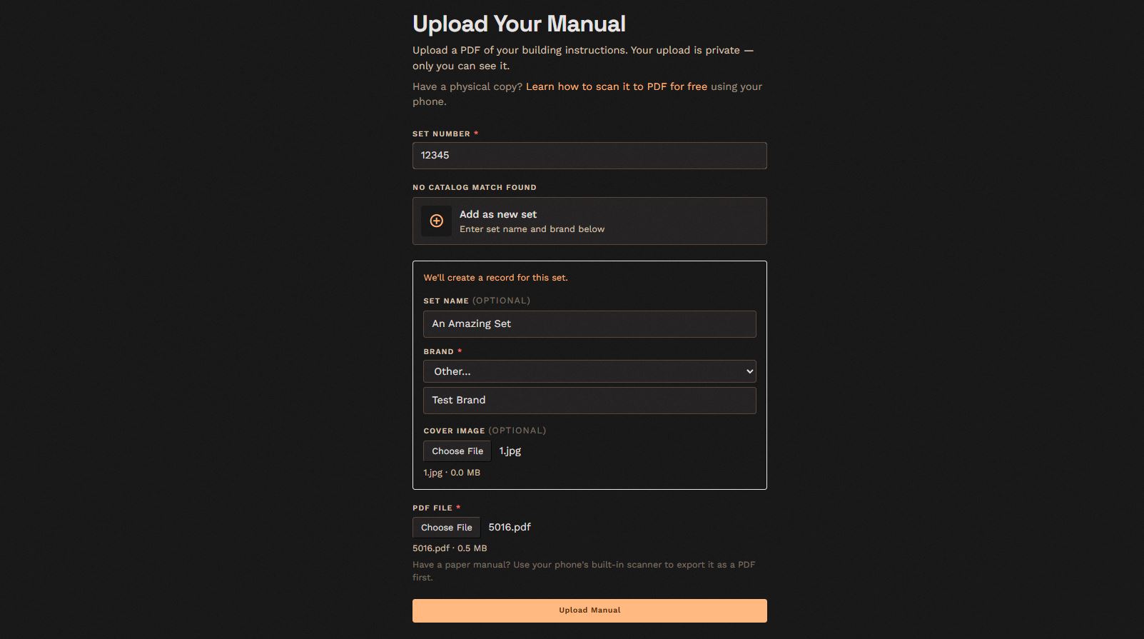 Adding a new set that isn't in the catalog yet on the BrikSnap upload form